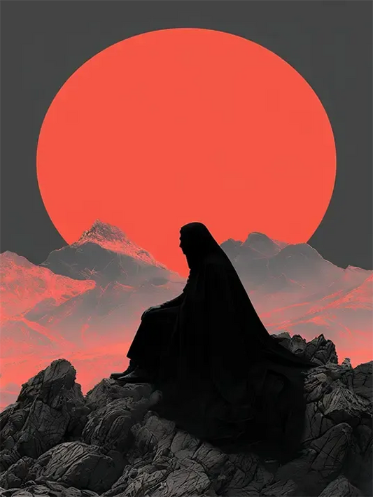 Red sun and mysterious figure